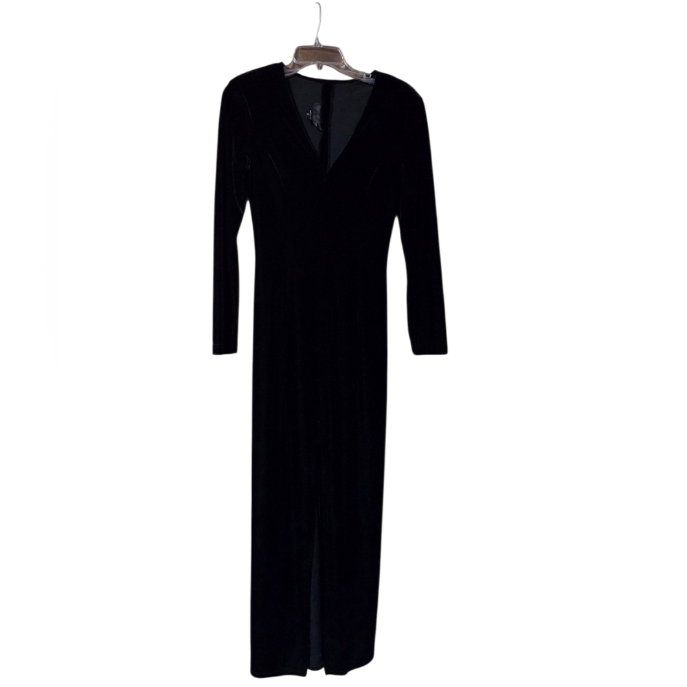 Vtg Scott McClintock Velvet Maxi Dress Black V Neck Front Slit Form Fitting Sz 6 - Picture 1 of 6